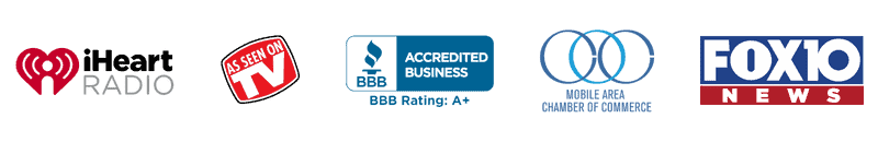 iHeart Radio · As seen on TV · BBB Accredited A+ · Mobile Area Chamber of Commerce · FOX10 News